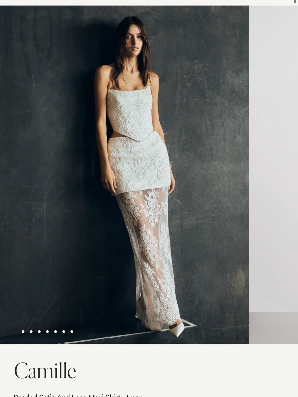 Meshki White Lace Midi Dress with Sheer Skirt